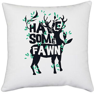                       UDNAG White Polyester 'Deer | have some fawn' Pillow Cover [16 Inch X 16 Inch]                                              