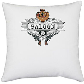                       UDNAG White Polyester 'Death | Hat Gun Saloon' Pillow Cover [16 Inch X 16 Inch]                                              