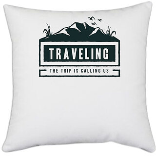                       UDNAG White Polyester 'Mountain travelling' Pillow Cover [16 Inch X 16 Inch]                                              