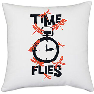                       UDNAG White Polyester 'Fun time | Time Flies' Pillow Cover [16 Inch X 16 Inch]                                              