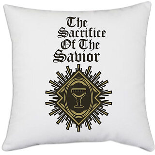                       UDNAG White Polyester 'The Sacrifice of the Sabior' Pillow Cover [16 Inch X 16 Inch]                                              