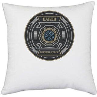                       UDNAG White Polyester 'Logo | Earth Defence Force' Pillow Cover [16 Inch X 16 Inch]                                              