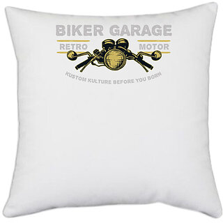                       UDNAG White Polyester 'Bike garrage and retro motor' Pillow Cover [16 Inch X 16 Inch]                                              