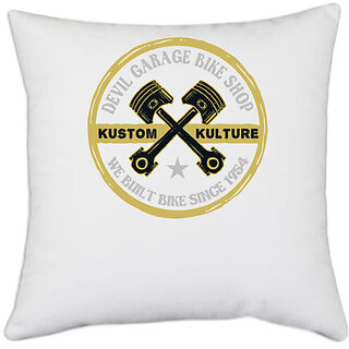                       UDNAG White Polyester 'Garrage bike shop' Pillow Cover [16 Inch X 16 Inch]                                              