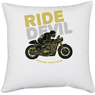                       UDNAG White Polyester 'Ride Devil' Pillow Cover [16 Inch X 16 Inch]                                              