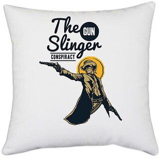                       UDNAG White Polyester 'Wild wild west | the gun slinger conspiracy' Pillow Cover [16 Inch X 16 Inch]                                              