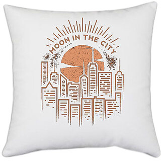                       UDNAG White Polyester 'City | Moon and city' Pillow Cover [16 Inch X 16 Inch]                                              