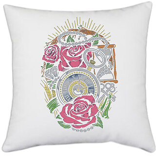                       UDNAG White Polyester 'Illustration | rose, clock, key' Pillow Cover [16 Inch X 16 Inch]                                              