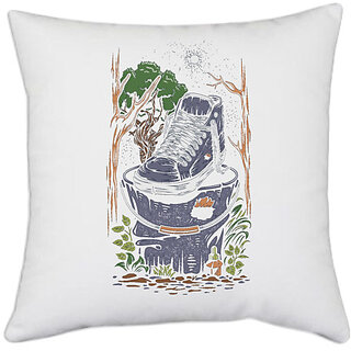                       UDNAG White Polyester 'Illustration | Shoe, bucket' Pillow Cover [16 Inch X 16 Inch]                                              
