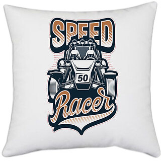                       UDNAG White Polyester 'Racer | Speed Car Racer' Pillow Cover [16 Inch X 16 Inch]                                              