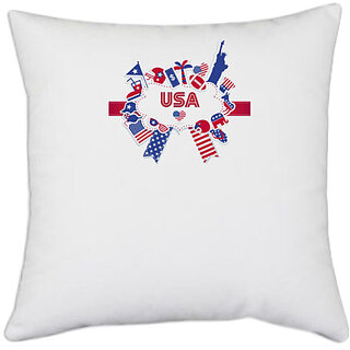                       UDNAG White Polyester 'USA | USA and Flag' Pillow Cover [16 Inch X 16 Inch]                                              