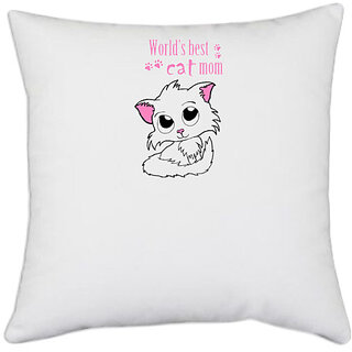                       UDNAG White Polyester 'Mother | Worlds Best cat mom' Pillow Cover [16 Inch X 16 Inch]                                              