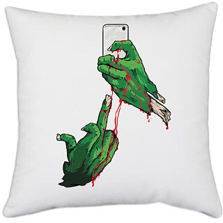                       UDNAG White Polyester 'Death | Mobile, blood and death' Pillow Cover [16 Inch X 16 Inch]                                              