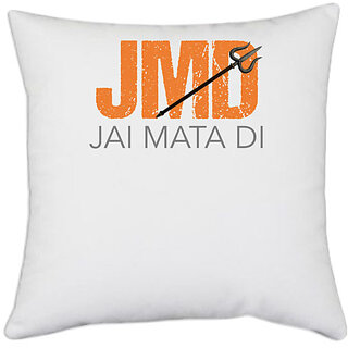                       UDNAG White Polyester 'Navratri | JMD Jay Mata Di' Pillow Cover [16 Inch X 16 Inch]                                              