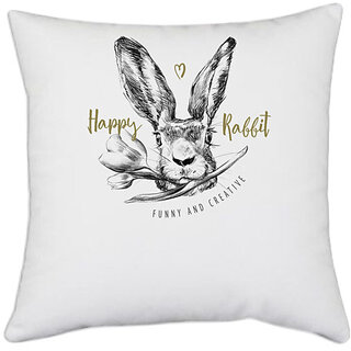                       UDNAG White Polyester 'Happy | Happy Rabbit' Pillow Cover [16 Inch X 16 Inch]                                              