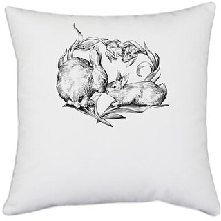                       UDNAG White Polyester 'Rabbit | Rabbit and love' Pillow Cover [16 Inch X 16 Inch]                                              