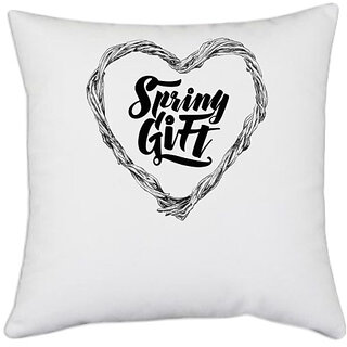                       UDNAG White Polyester 'Spring Gift | Heart' Pillow Cover [16 Inch X 16 Inch]                                              