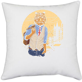                       UDNAG White Polyester 'Illustration | Gentle tiger' Pillow Cover [16 Inch X 16 Inch]                                              