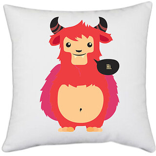                       UDNAG White Polyester 'Cartoon | Hi' Pillow Cover [16 Inch X 16 Inch]                                              