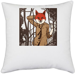                       UDNAG White Polyester 'Alluring Fox' Pillow Cover [16 Inch X 16 Inch]                                              