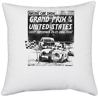                       UDNAG White Polyester 'Grand Prix united States | Racing Car Show' Pillow Cover [16 Inch X 16 Inch]                                              