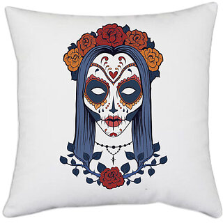                      UDNAG White Polyester 'Zombie Illustration | Lady Zombie and Flower' Pillow Cover [16 Inch X 16 Inch]                                              