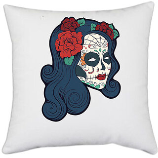                       UDNAG White Polyester 'Zombie Illustration | Female Zombie and Flower Red' Pillow Cover [16 Inch X 16 Inch]                                              
