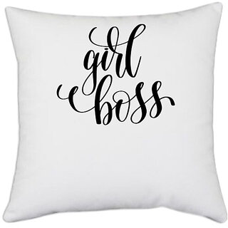                       UDNAG White Polyester 'Girl u boss' Pillow Cover [16 Inch X 16 Inch]                                              