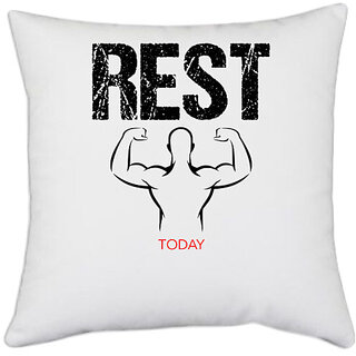                       UDNAG White Polyester 'Gym | Rest' Pillow Cover [16 Inch X 16 Inch]                                              