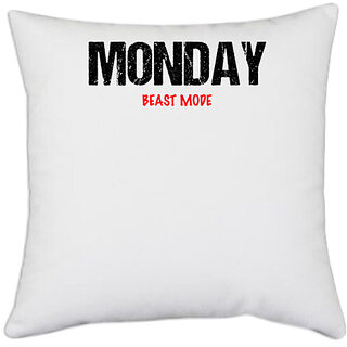                       UDNAG White Polyester 'Beast Mode | Monday Beast mode' Pillow Cover [16 Inch X 16 Inch]                                              