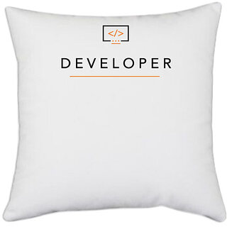                       UDNAG White Polyester 'Coder | Developer' Pillow Cover [16 Inch X 16 Inch]                                              