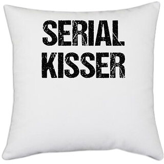                       UDNAG White Polyester 'Kiss | Serial Kisser' Pillow Cover [16 Inch X 16 Inch]                                              