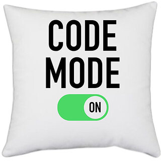                       UDNAG White Polyester 'Coder | Code Mode On' Pillow Cover [16 Inch X 16 Inch]                                              