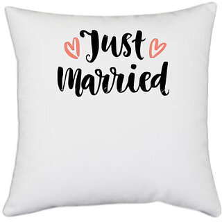                       UDNAG White Polyester 'Love | Just Married' Pillow Cover [16 Inch X 16 Inch]                                              