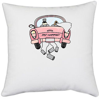                       UDNAG White Polyester 'Love Couple | Just Married' Pillow Cover [16 Inch X 16 Inch]                                              