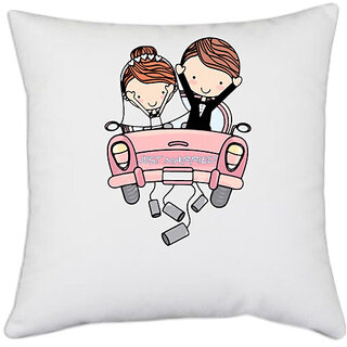                       UDNAG White Polyester 'Couple wedding | Just Married' Pillow Cover [16 Inch X 16 Inch]                                              