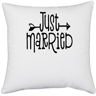                       UDNAG White Polyester 'Wedding Couple | Just Married' Pillow Cover [16 Inch X 16 Inch]                                              