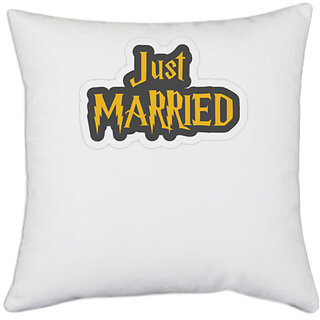                       UDNAG White Polyester 'Couple | Just Marriedd' Pillow Cover [16 Inch X 16 Inch]                                              