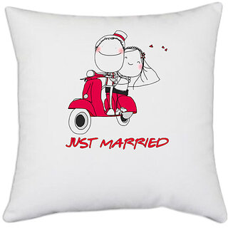                       UDNAG White Polyester 'Couple | Just Married couple on red scooter' Pillow Cover [16 Inch X 16 Inch]                                              