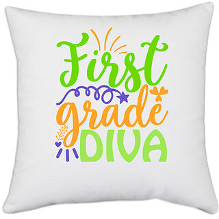                       UDNAG White Polyester 'Teacher | first grade diva' Pillow Cover [16 Inch X 16 Inch]                                              