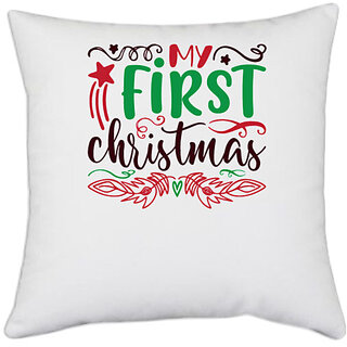                       UDNAG White Polyester 'Christmas Santa | my first christmas' Pillow Cover [16 Inch X 16 Inch]                                              