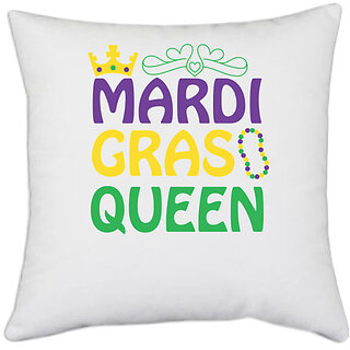                       UDNAG White Polyester 'mardi gras QUEEN' Pillow Cover [16 Inch X 16 Inch]                                              