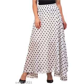                       Raabta Fashion White with Black Polka dot Print Flared Long Skirt                                              