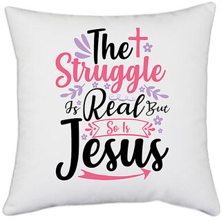                       UDNAG White Polyester 'Easter | the struggle is real but so' Pillow Cover [16 Inch X 16 Inch]                                              
