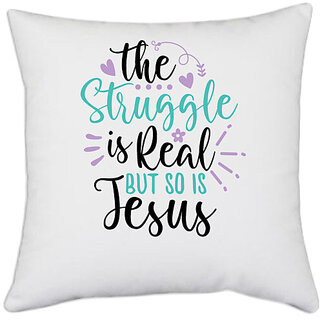                       UDNAG White Polyester 'Easter | the struggle is real but so is' Pillow Cover [16 Inch X 16 Inch]                                              