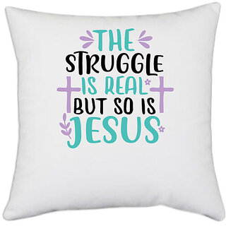                       UDNAG White Polyester 'Easter | the struggle is real but' Pillow Cover [16 Inch X 16 Inch]                                              