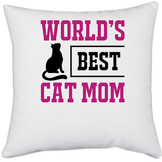                       UDNAG White Polyester 'Mummy | world's best cat mom' Pillow Cover [16 Inch X 16 Inch]                                              