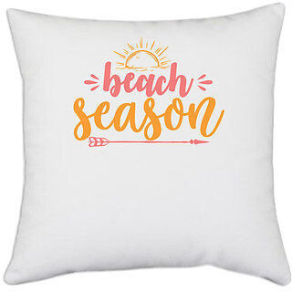                       UDNAG White Polyester 'Beach | beach season' Pillow Cover [16 Inch X 16 Inch]                                              