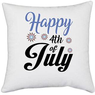                       UDNAG White Polyester 'American Day | 4th july' Pillow Cover [16 Inch X 16 Inch]                                              