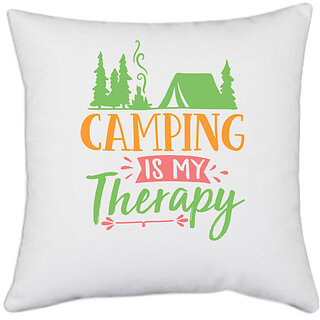                       UDNAG White Polyester 'Camp | camping is my therapy' Pillow Cover [16 Inch X 16 Inch]                                              